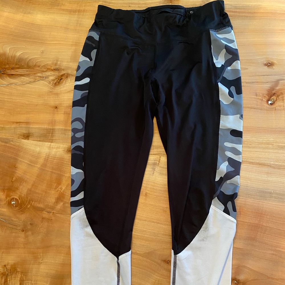 Danskin white, gray, black side camo w/ white shin